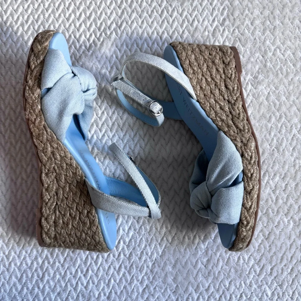 Stuart Weitzman Playa Espadrille Knot Wedge Sandals 9 B Blue Denim Ankle Strap